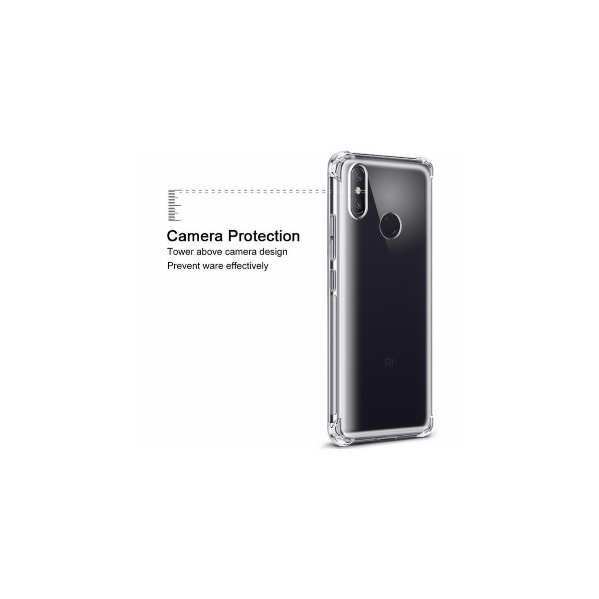 Funda de teléfono transparente y texto sobre la protección de la cámara.