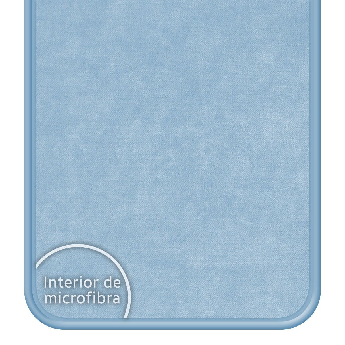 Primo piano di una custodia per telefono con texture in microfibra blu con testo.