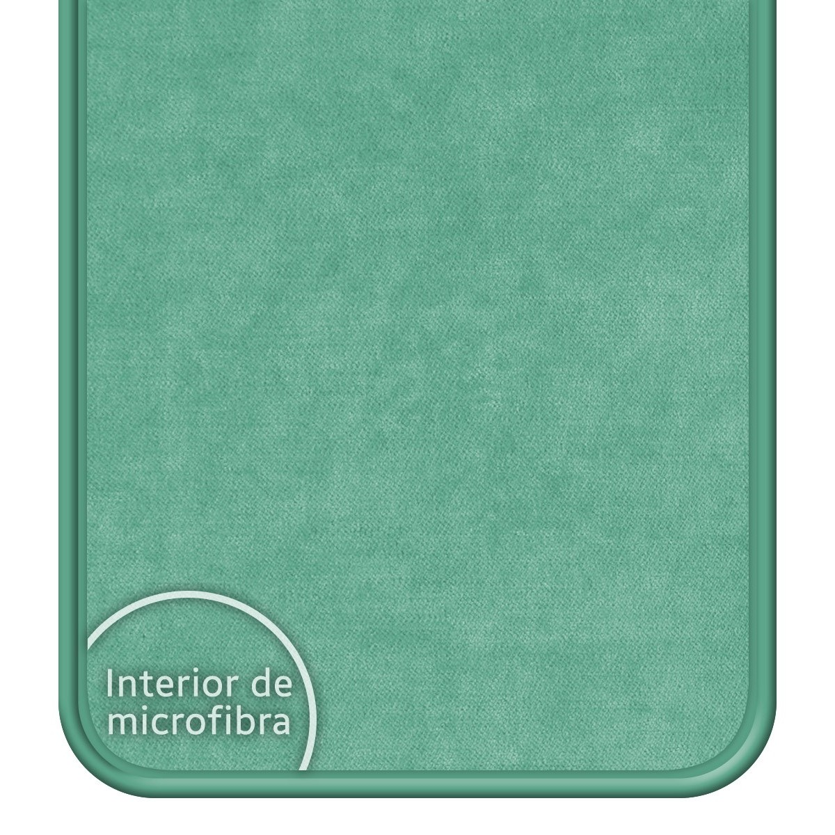 Almohadilla de microfibra verde. Texto circular "Interior de microfibra".