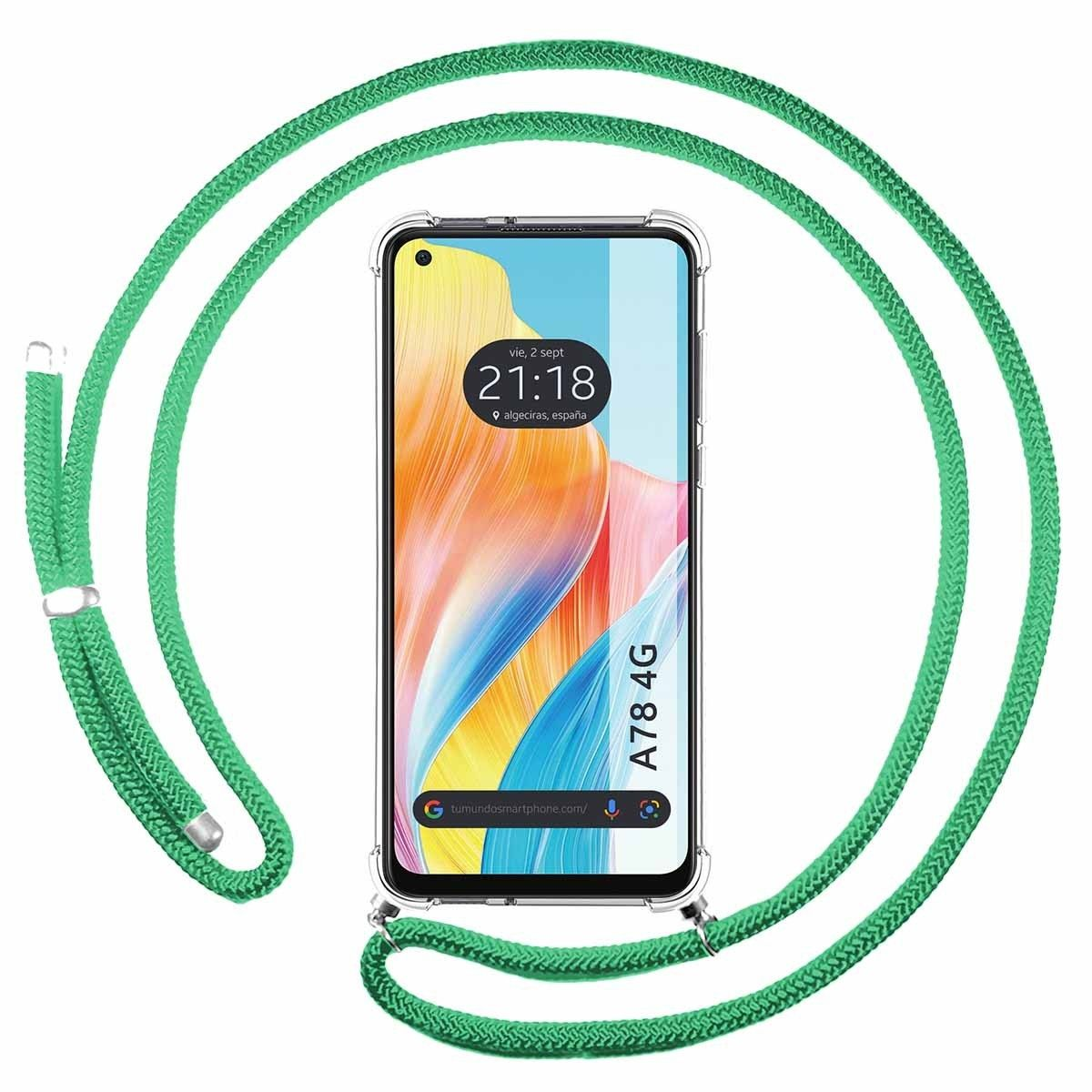 Un telefono con un cordino verde. Il telefono mostra l'ora e la posizione.
