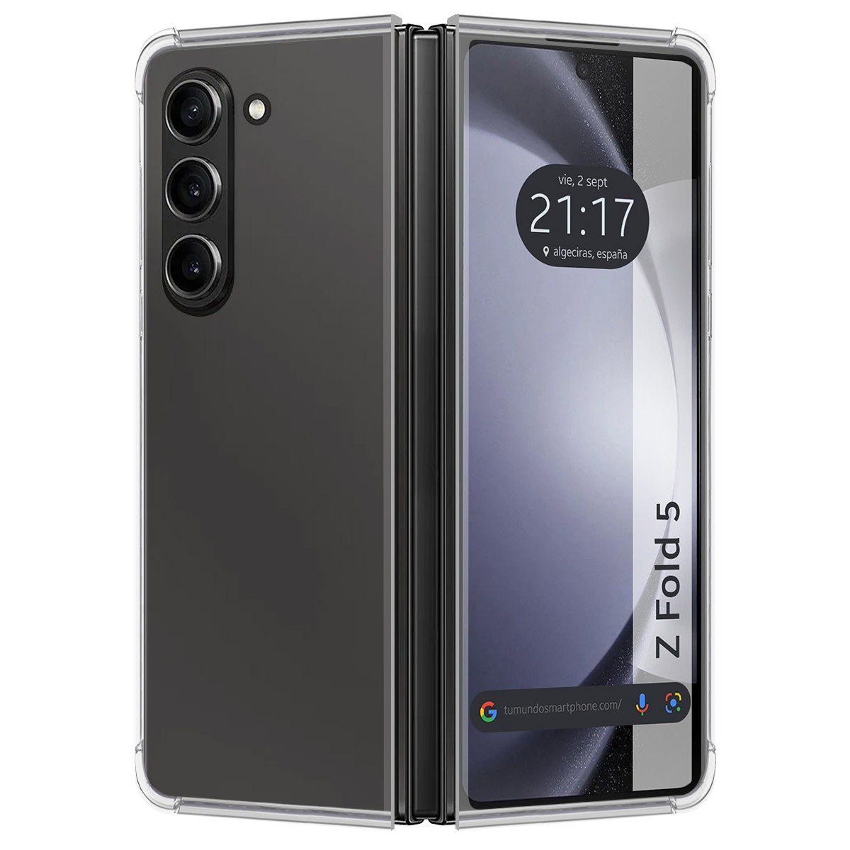 Un teléfono plegable en una funda, mostrando la pantalla con hora y ubicación.