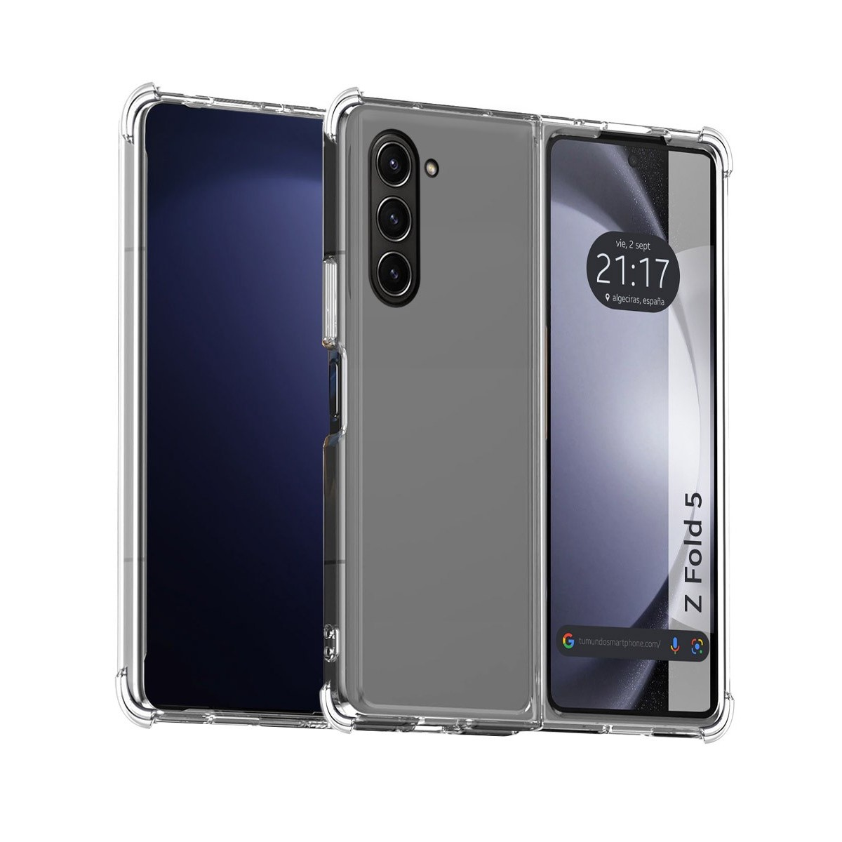Teléfono plegable sobre un fondo blanco. El teléfono está abierto, mostrando la pantalla y la hora.