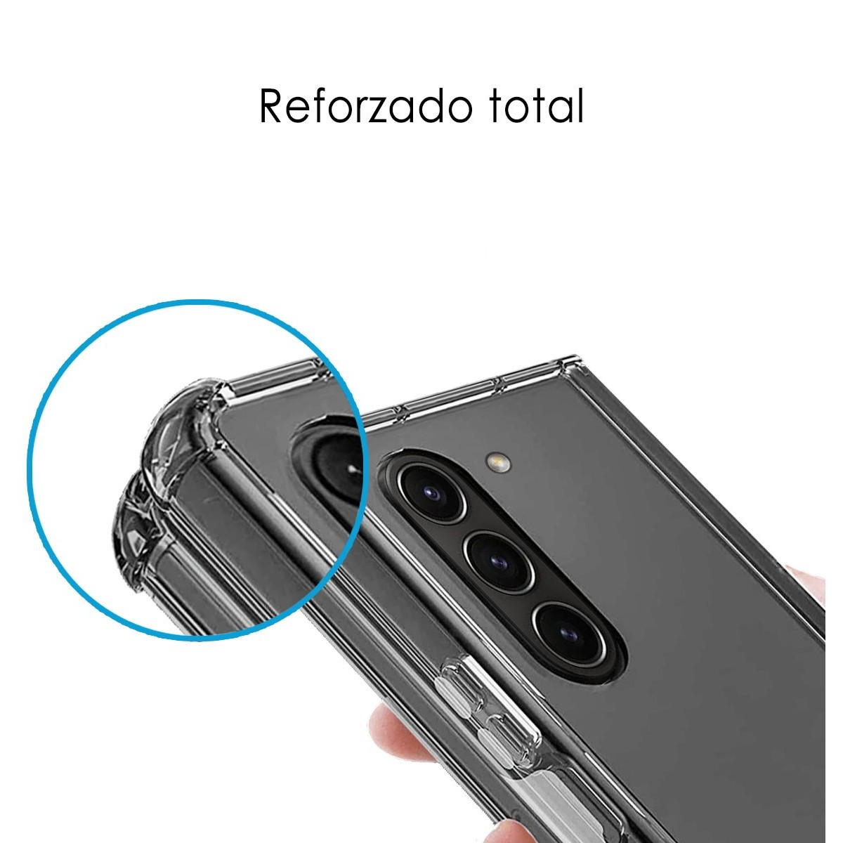 Funda de teléfono con un diseño transparente. Se muestra la parte superior del teléfono con texto en español.