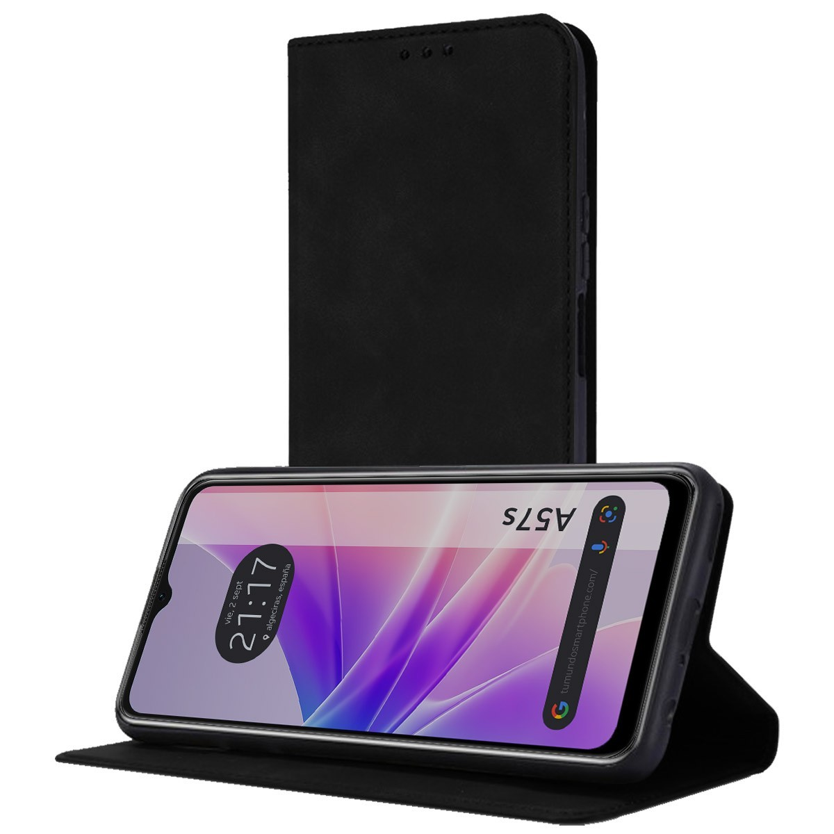 Custodia per telefono, che mostra un telefono con lo schermo acceso e una copertura pieghevole nera.