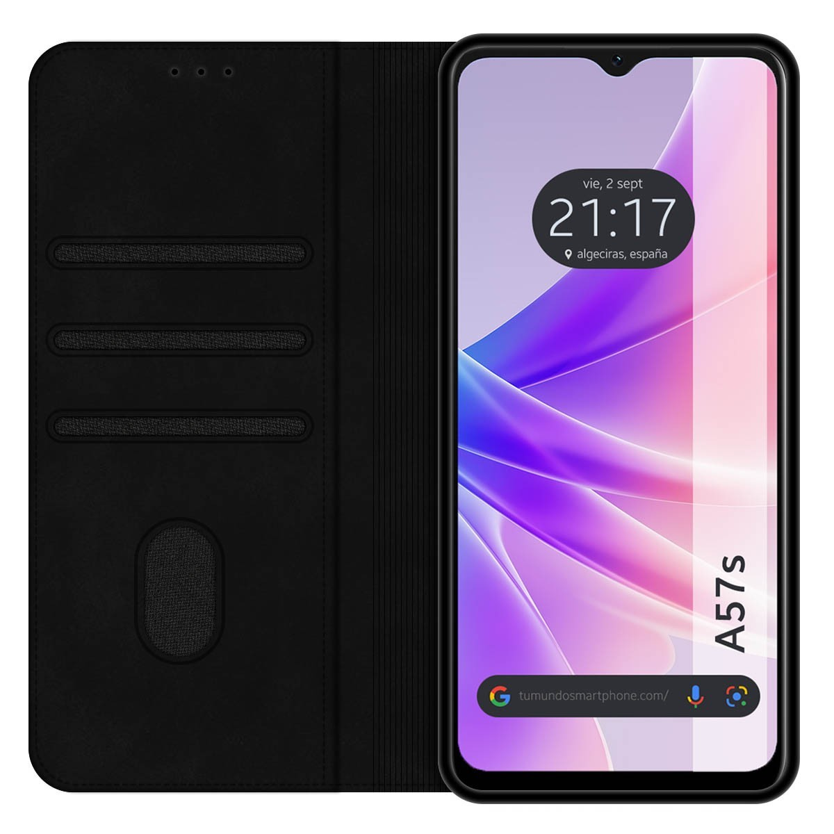 Custodia nera con portafoglio nero e schermo del telefono con colori.