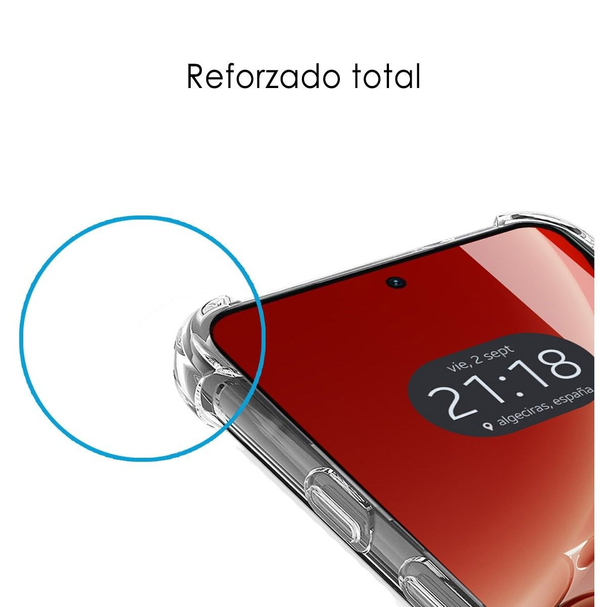 Primo piano di un telefono. Il telefono è rosso con il testo 'Reforzado total' nell'angolo in alto a sinistra.