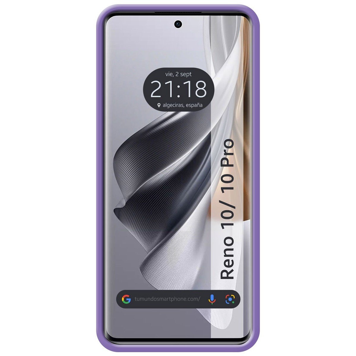 Custodia viola con schermo del telefono che mostra l'ora e la data. Il modello del telefono è Reno 10/10 Pro.