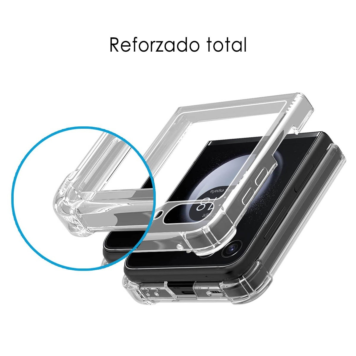 Custodia protettiva per telefono in fase di apertura. Il telefono all'interno è nero.