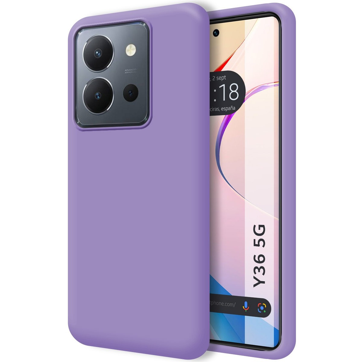 Custodia per telefono viola, tinta unita, con fotocamera e schermo del telefono.