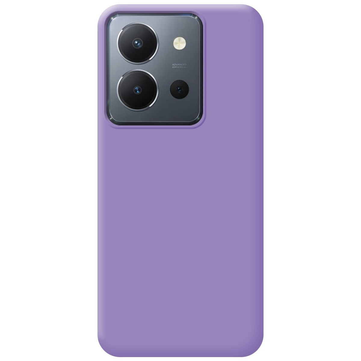 Una custodia per telefono viola. Il telefono ha tre obiettivi.