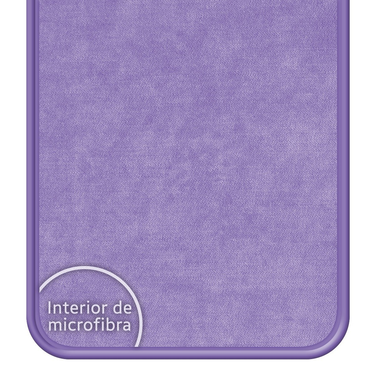 Primo piano dell'interno di una custodia per telefono. L'interno ha una morbida texture in microfibra viola.