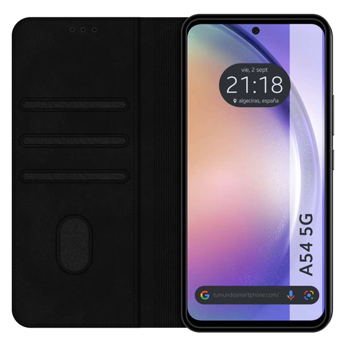 Custodia per telefono pieghevole con design a portafoglio, che mostra ora e luogo.