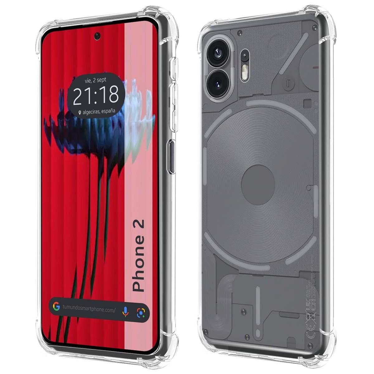 Una custodia trasparente con lo schermo che mostra un design floreale rosso e il retro che mostra le parti.