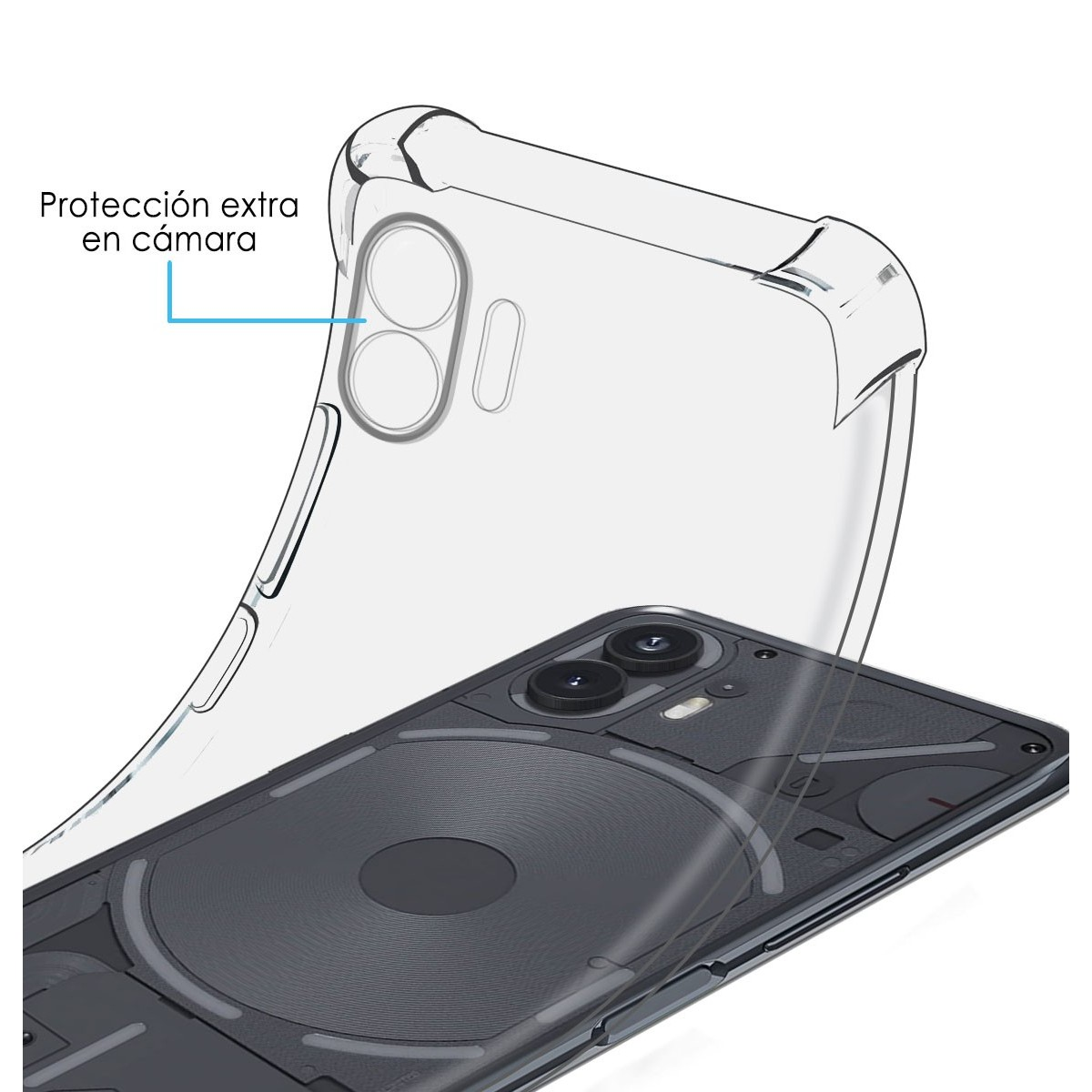 Custodia trasparente con un telefono all'interno. Il testo dice 'Protección extra en cámara'.