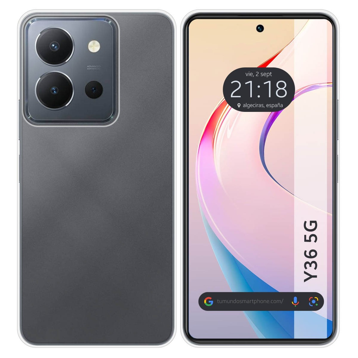 Funda de teléfono con parte trasera gris y pantalla del teléfono que muestra hora, fecha y ubicación: España.