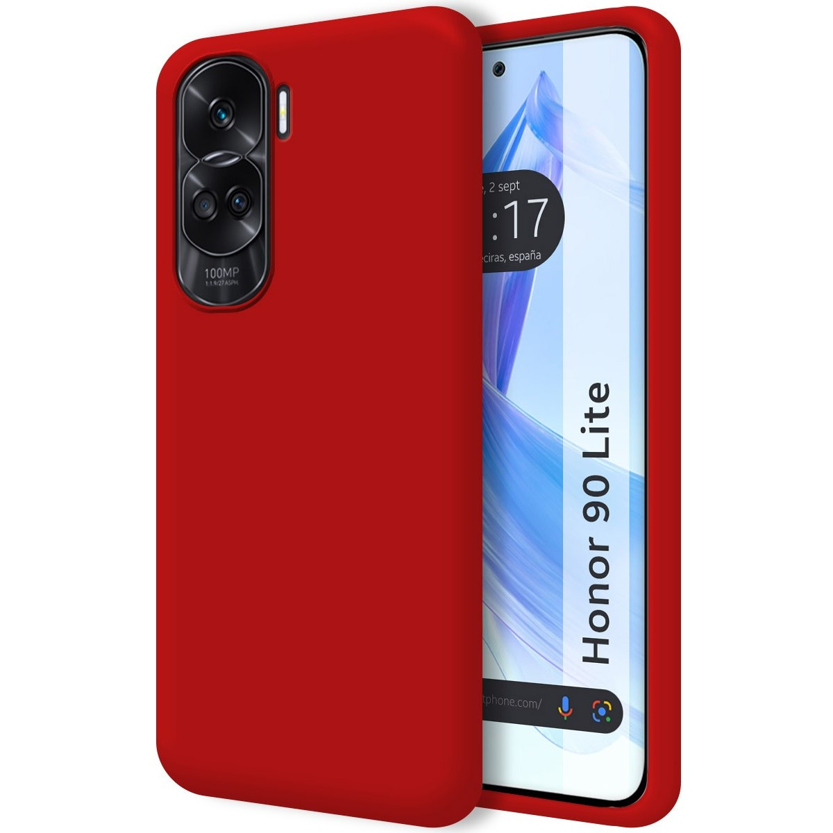 Una custodia rossa per telefono con un telefono rosso. Lo schermo mostra l'ora e un design blu e arancione.