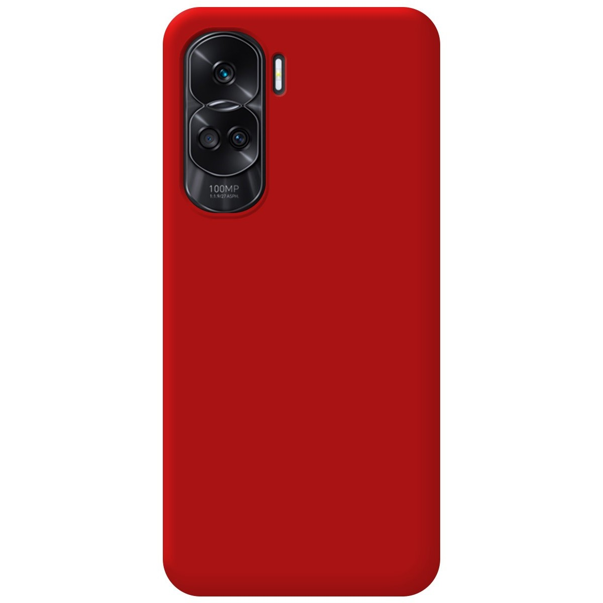 Custodia per telefono rossa con finitura lucida. Il retro ha due fotocamere.