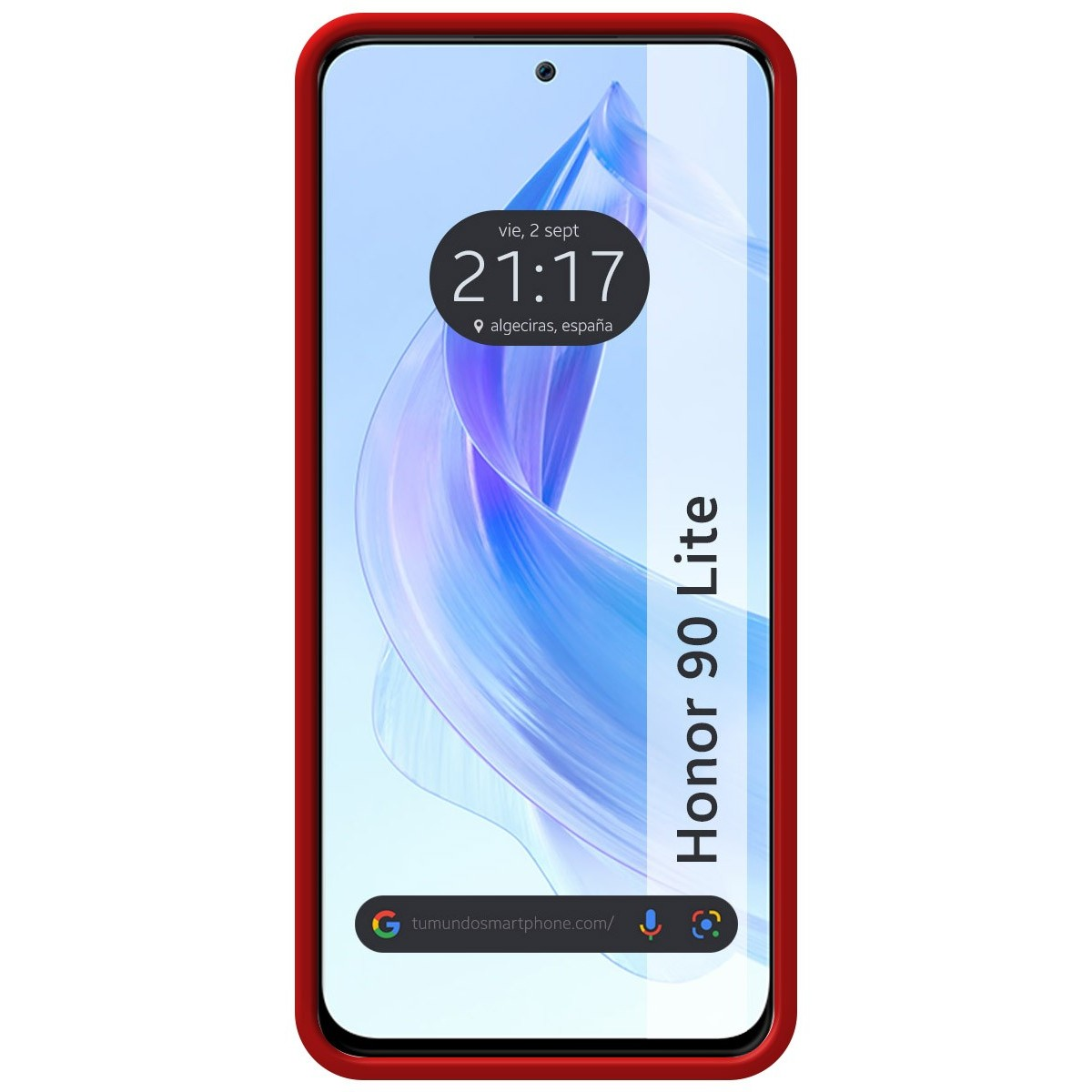 Telefono con cornice rossa e schermo che mostra ora e luogo.