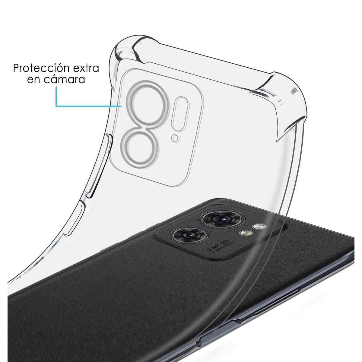 Una custodia trasparente su un telefono nero con fotocamera. Il testo indica una protezione extra per la fotocamera.