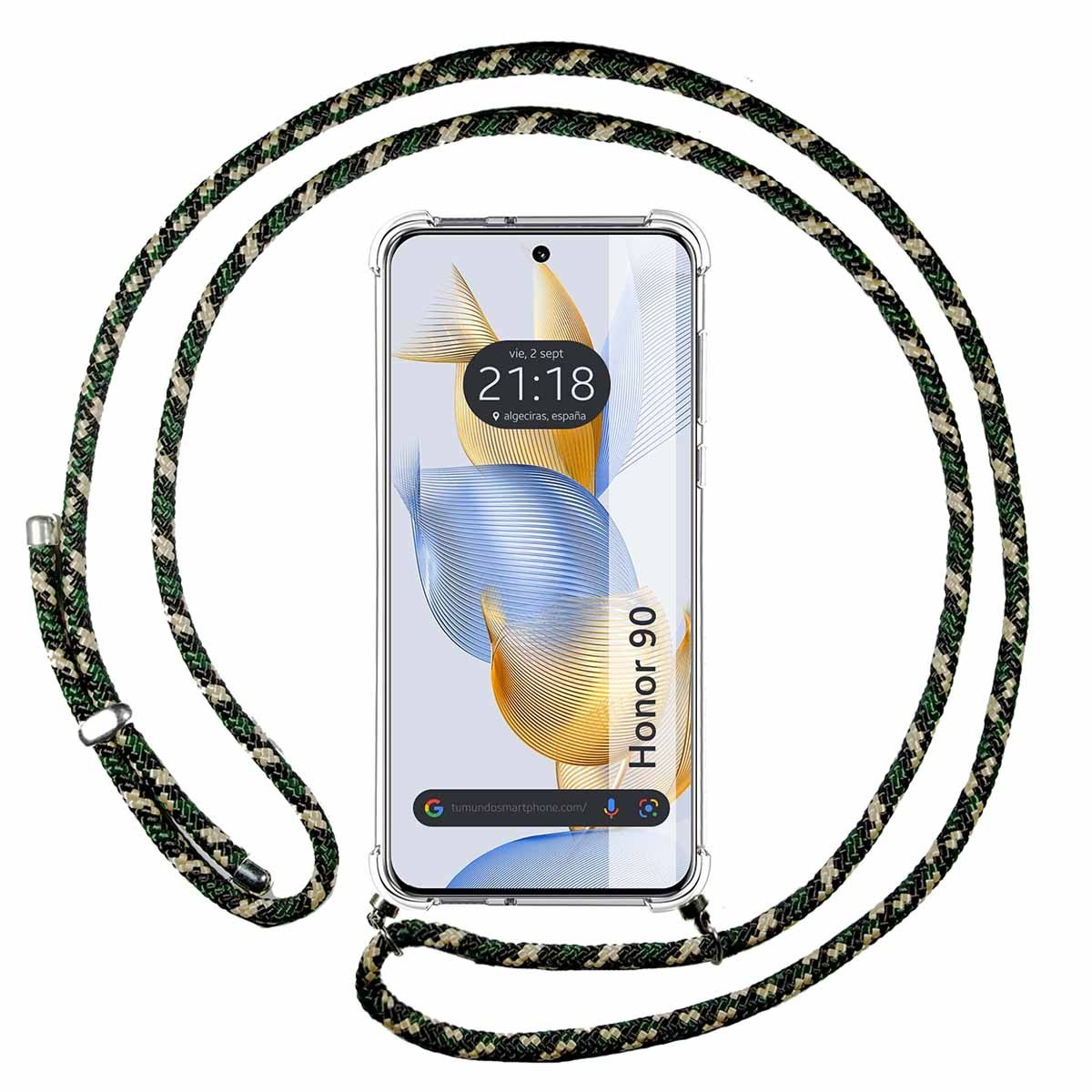 Telefono con cinturino verde e nero. Lo schermo mostra ora e luogo. La custodia è trasparente.