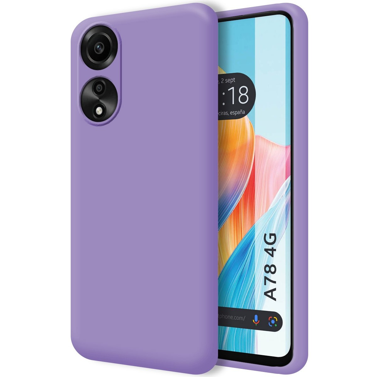 Custodia per telefono viola tinta unita. Il telefono è nella custodia.