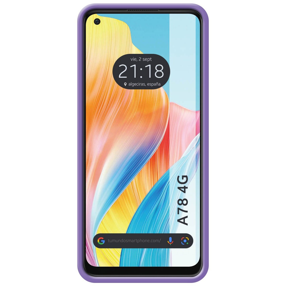 Un telefono viola con uno schermo che mostra l'ora e la città, e una custodia viola.