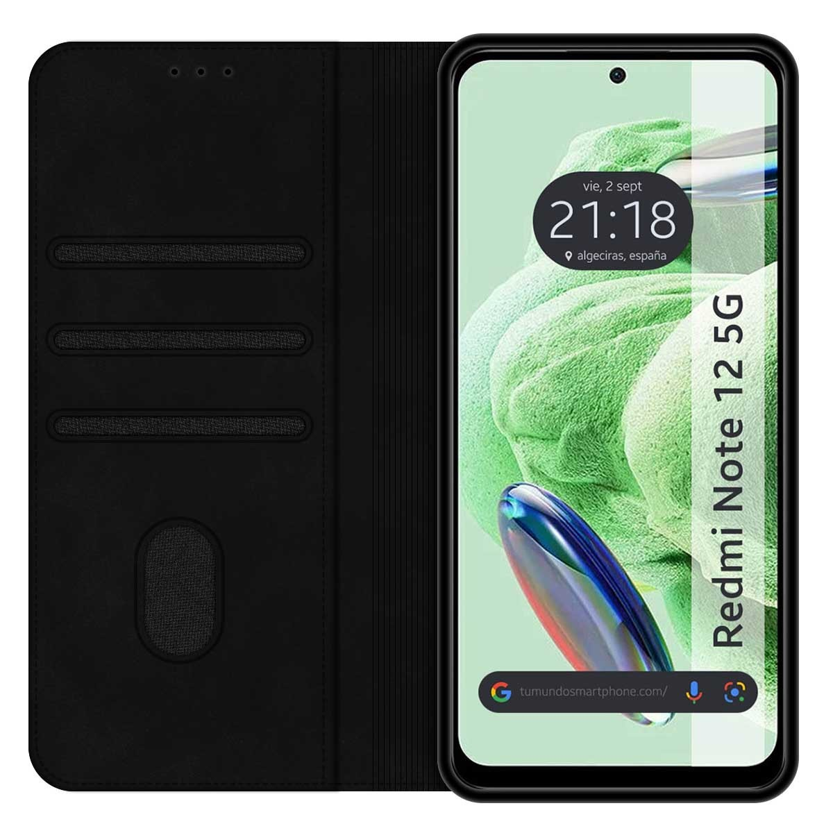 Custodia nera aperta, che mostra lo schermo con ora e luogo. Il testo è 'Redmi Note 12 5G'.