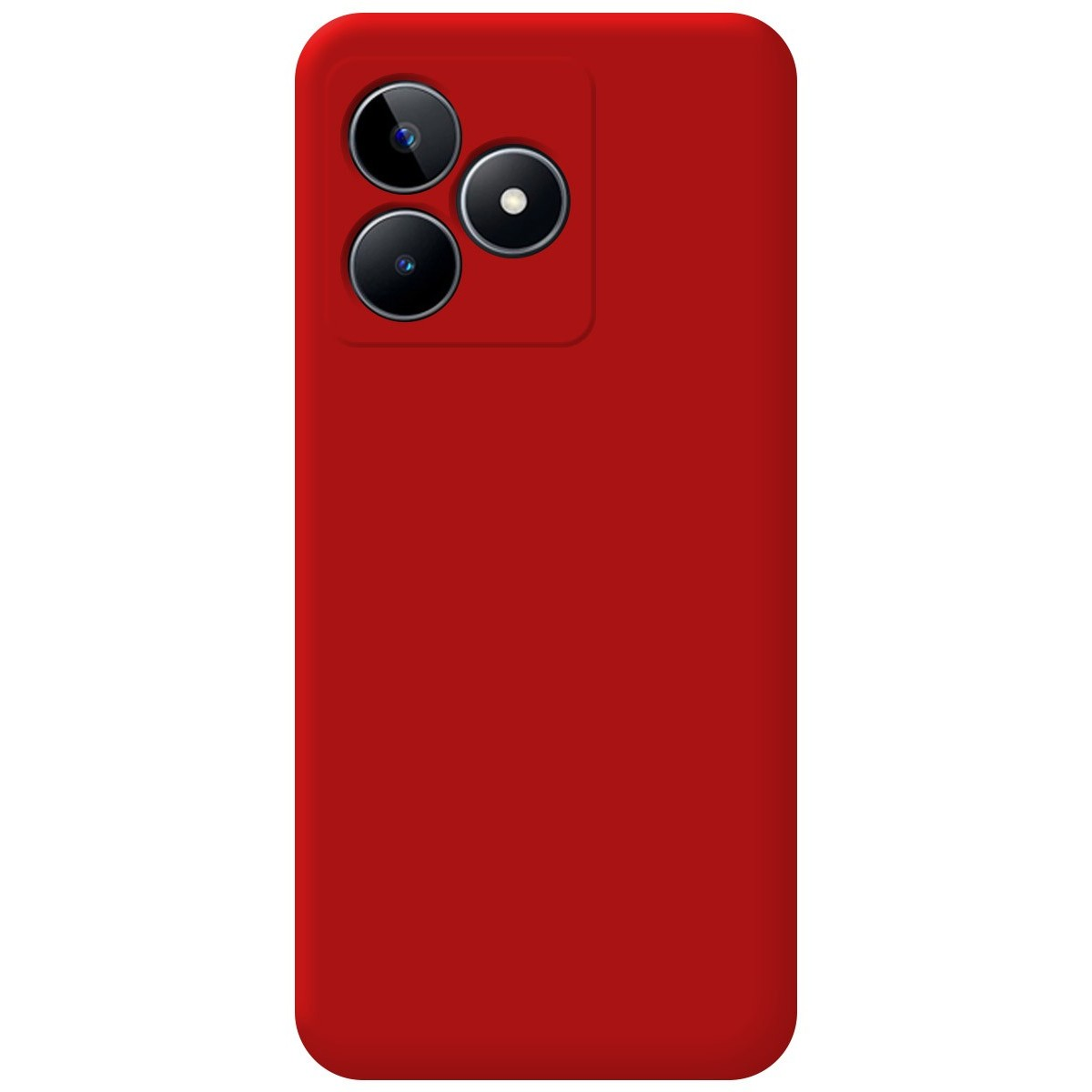 Custodia rossa con tripla fotocamera. Il design è semplice ed essenziale, enfatizzando le fotocamere.
