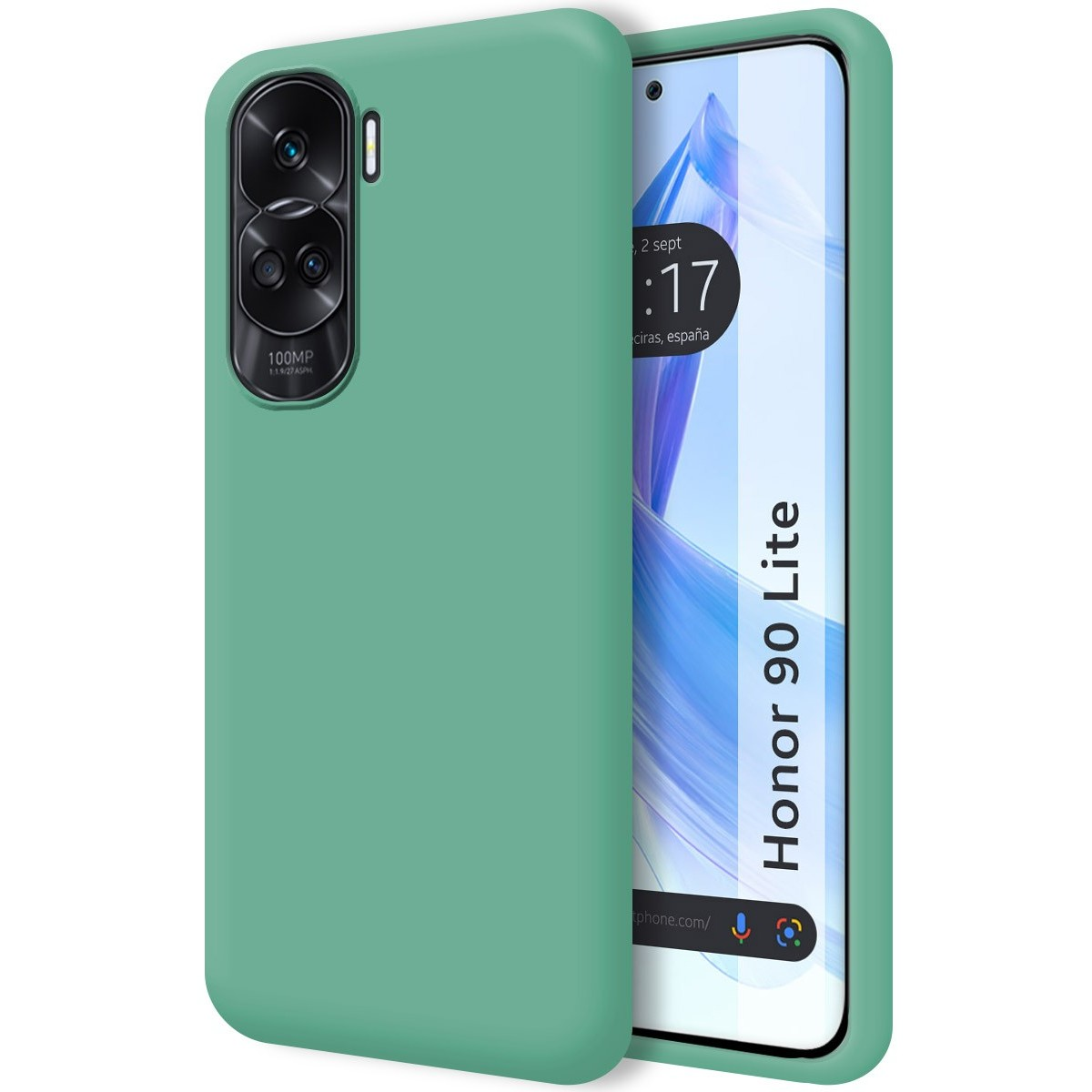Custodia per telefono verde e uno schermo del telefono. Lo schermo mostra ora e data.