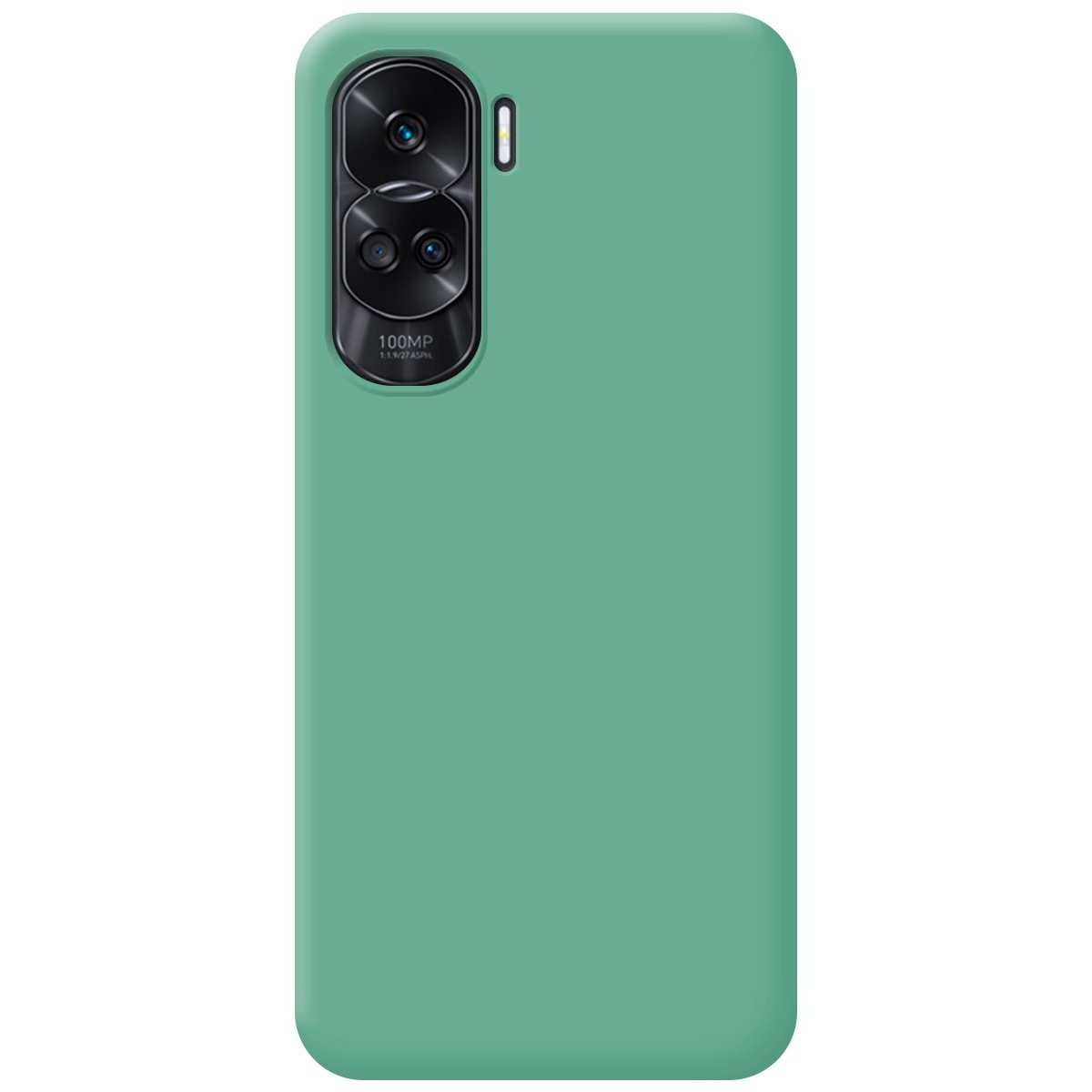 Custodia per telefono verde. Il telefono ha tre fotocamere.