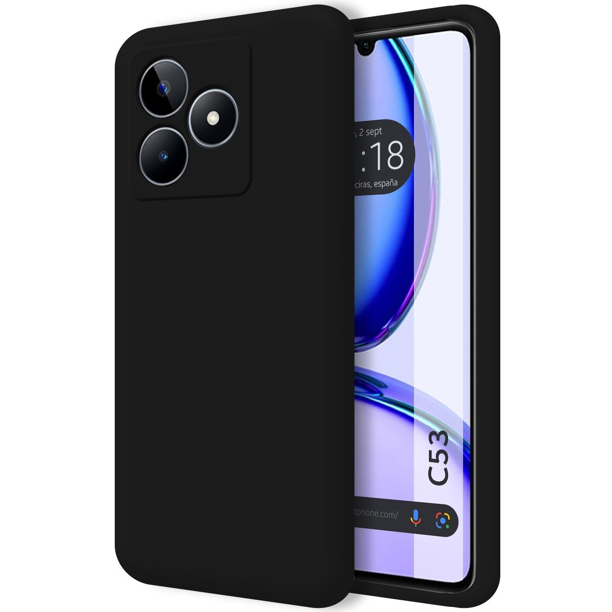 Funda de teléfono negra con teléfono negro dentro. Pantalla muestra hora y ubicación.