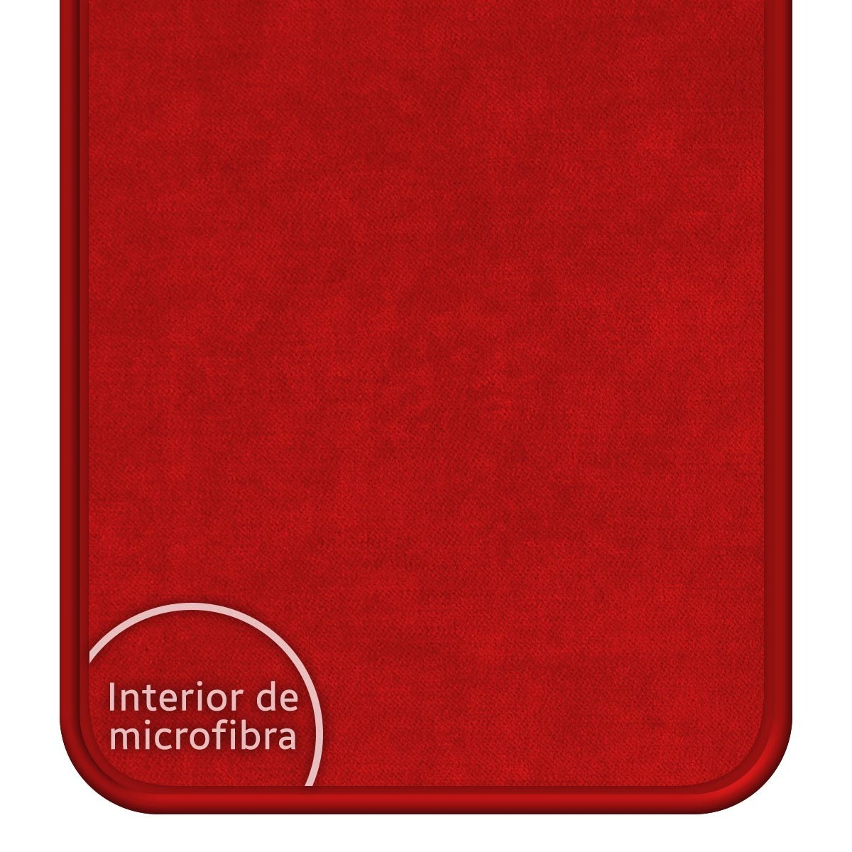 Una funda de teléfono interior de microfibra roja lisa. El texto 'Interior de microfibra' es visible.