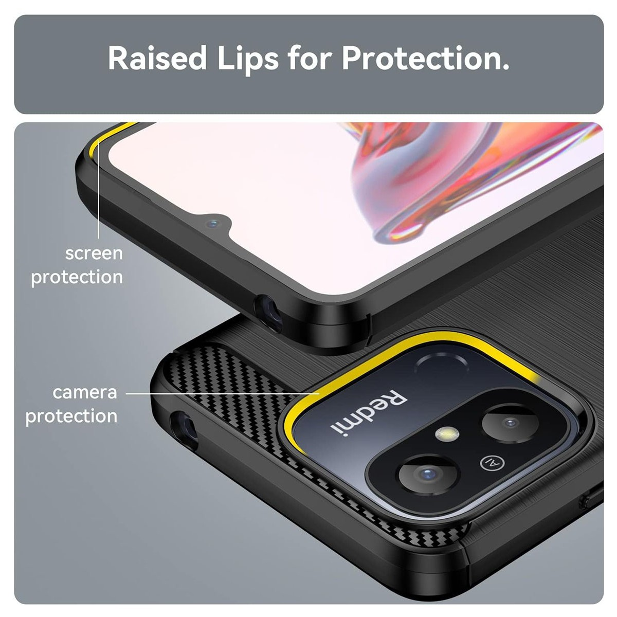 Primo piano di una custodia per telefono con dettagli di protezione della fotocamera e dello schermo.