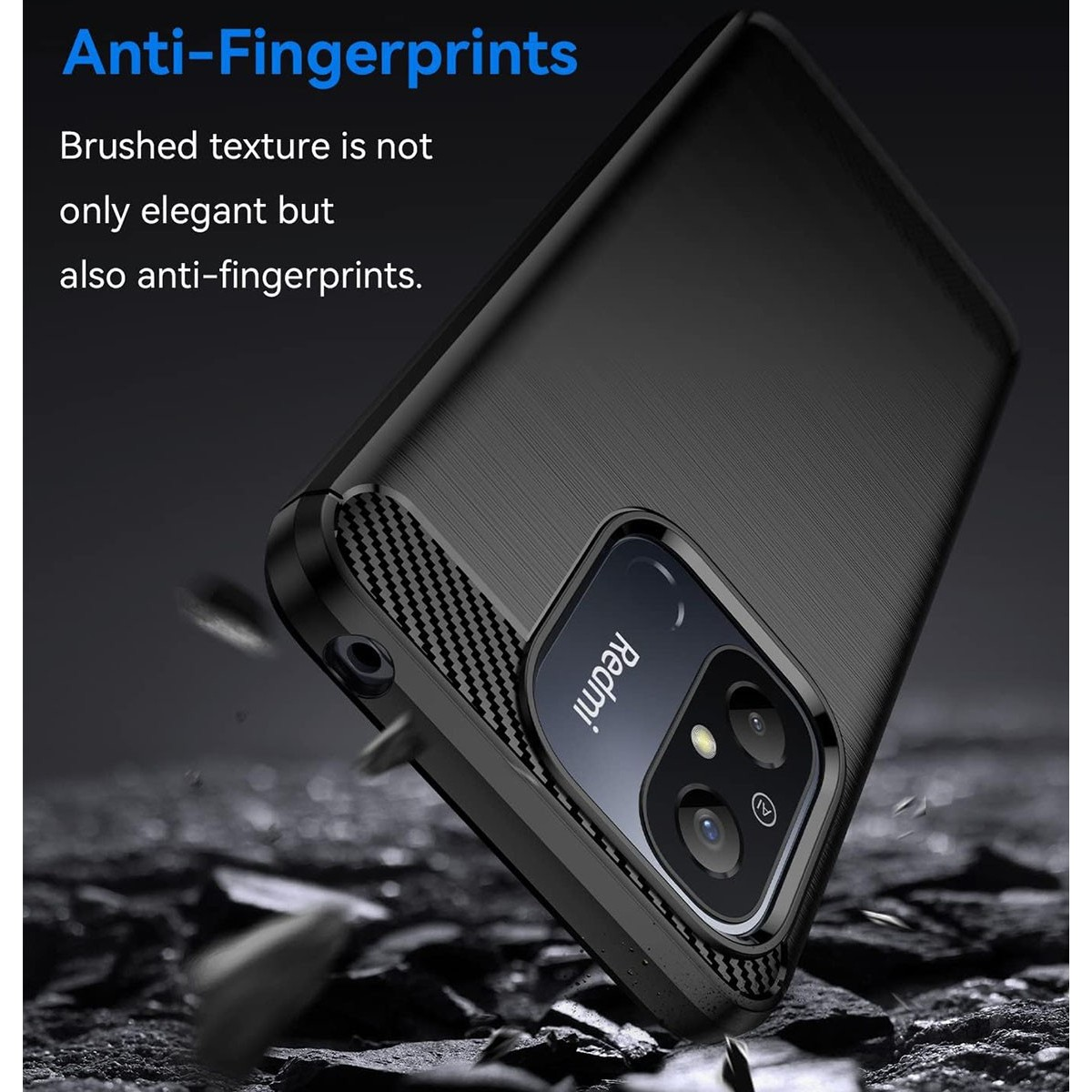 Custodia per telefono nera con un primo piano della fotocamera e le parole 'Anti-Fingerprints'.