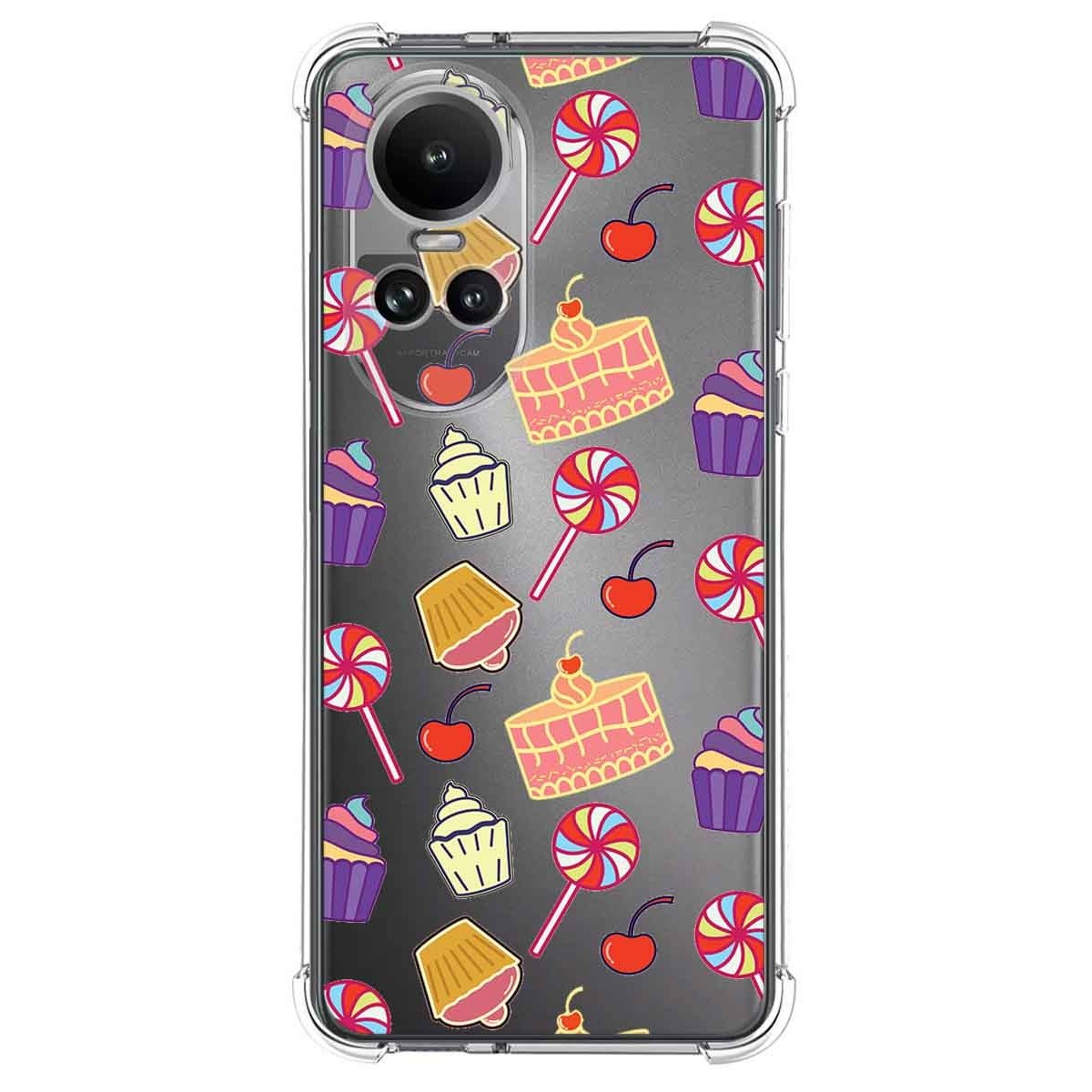 Funda de teléfono con diseño de dulces. Cupcakes, piruletas y pasteles sobre un fondo transparente.