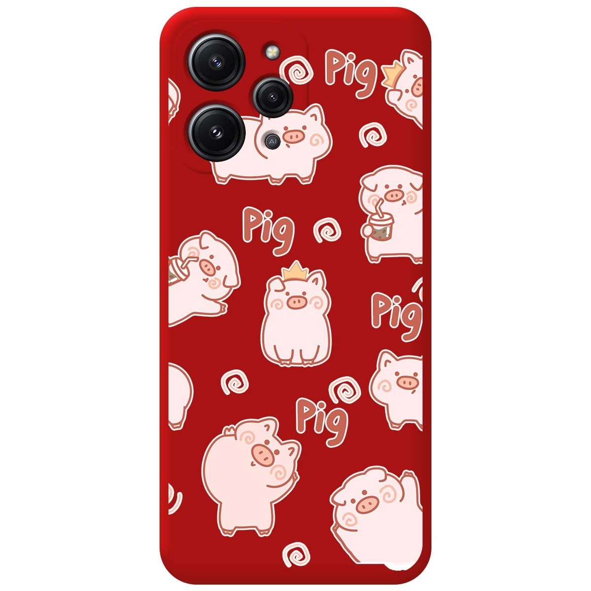 Funda roja con patrón de cerdos. Cerdos en diferentes poses cubren la funda.