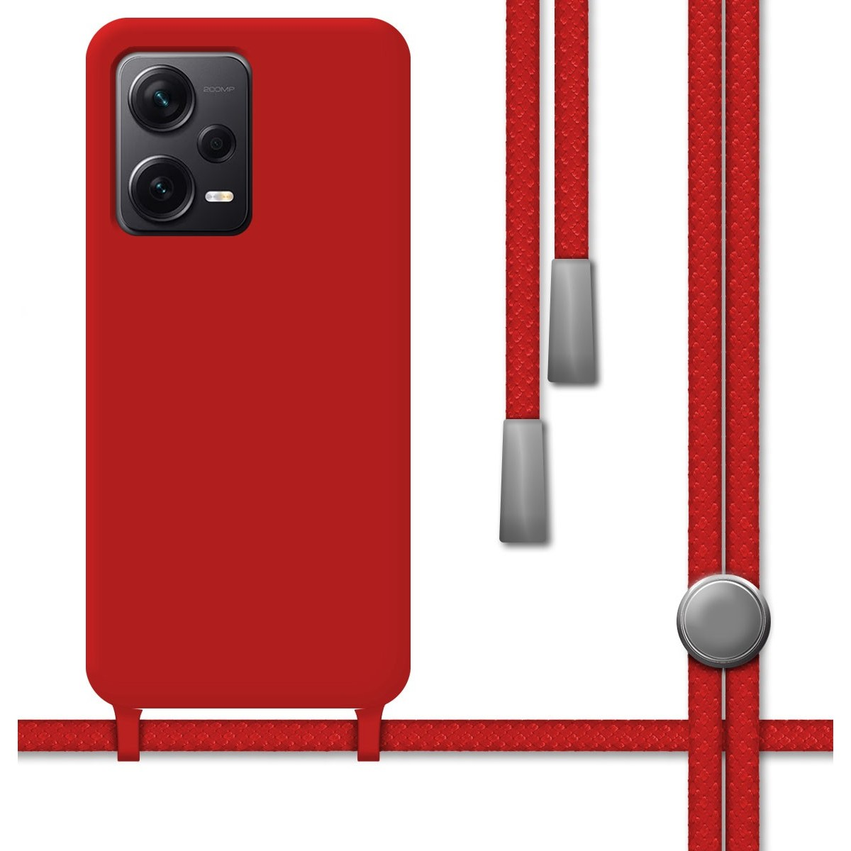 Custodia per telefono rossa con cordino rosso attaccato. Il telefono ha una fotocamera e il cordino è fatto di corda rossa.