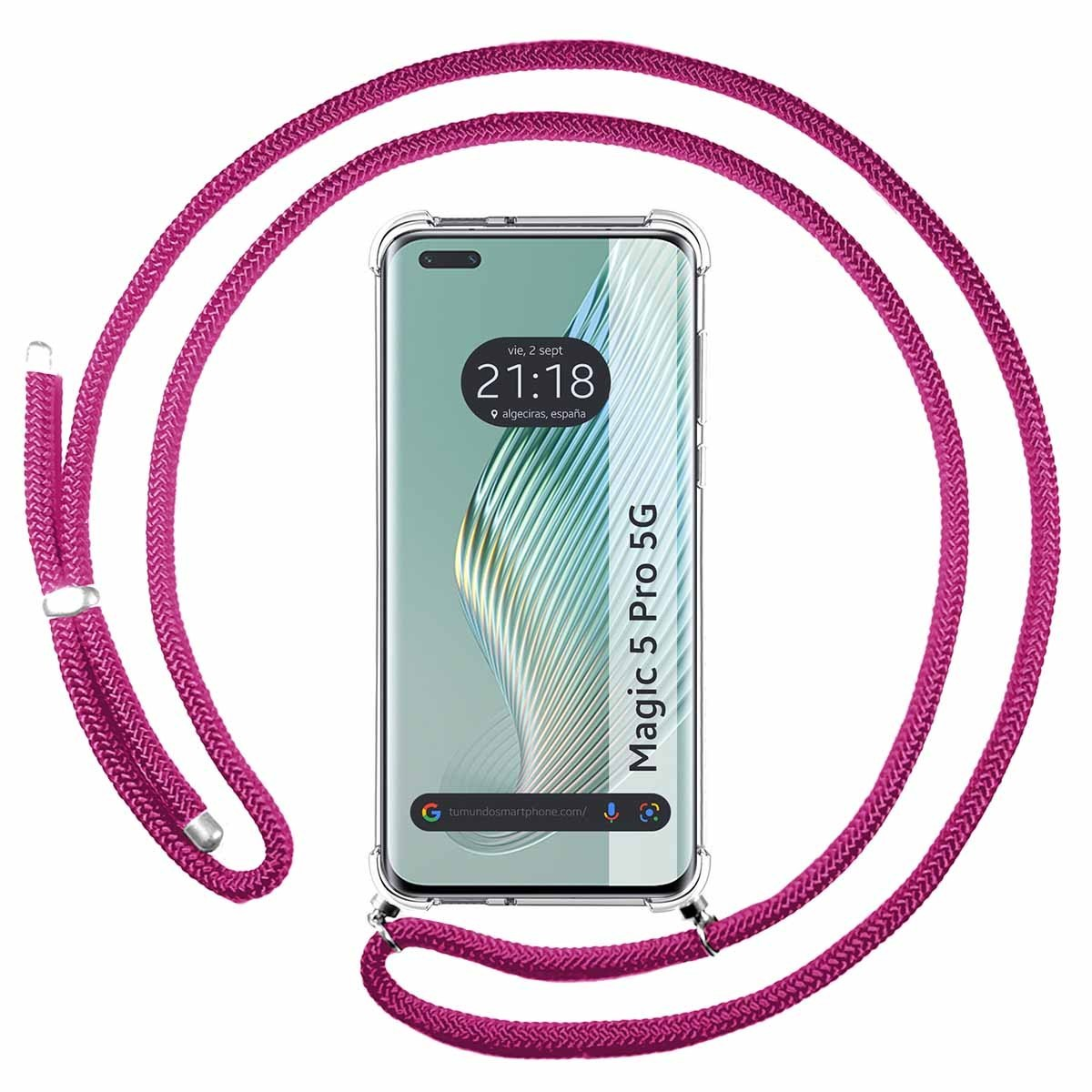 Telefono con una cinghia rosa intorno. Il telefono mostra ora e luogo.