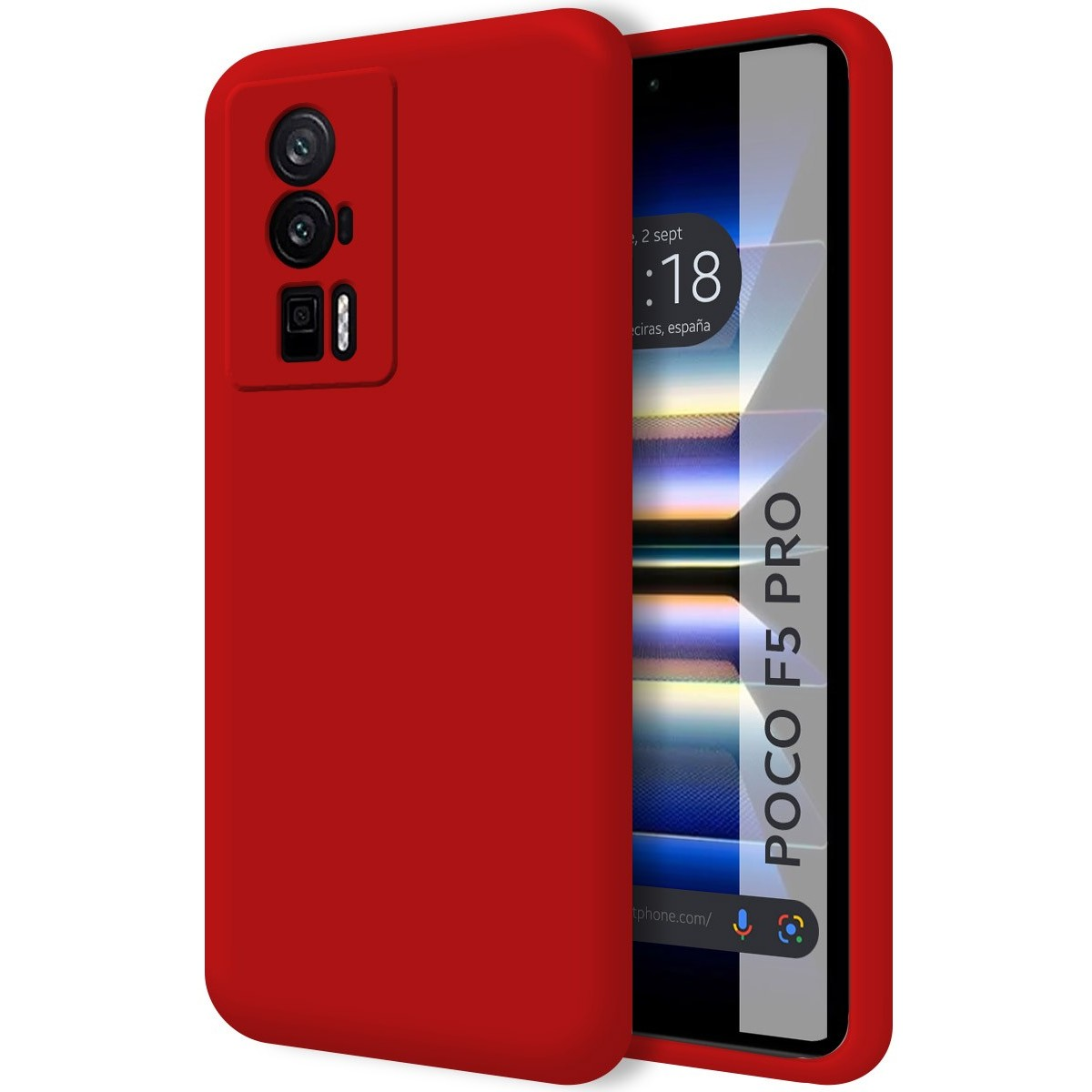 Custodia per telefono rossa. Il telefono è rosso. È un Poco F5 Pro.
