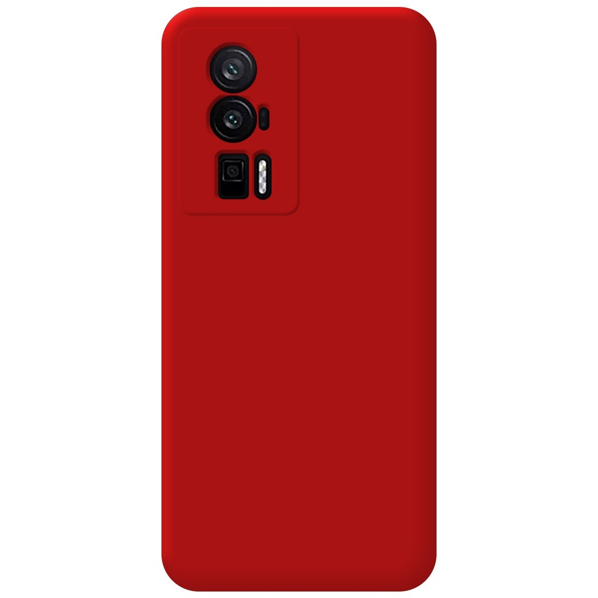 Custodia per telefono rossa con ritagli per fotocamera e flash.