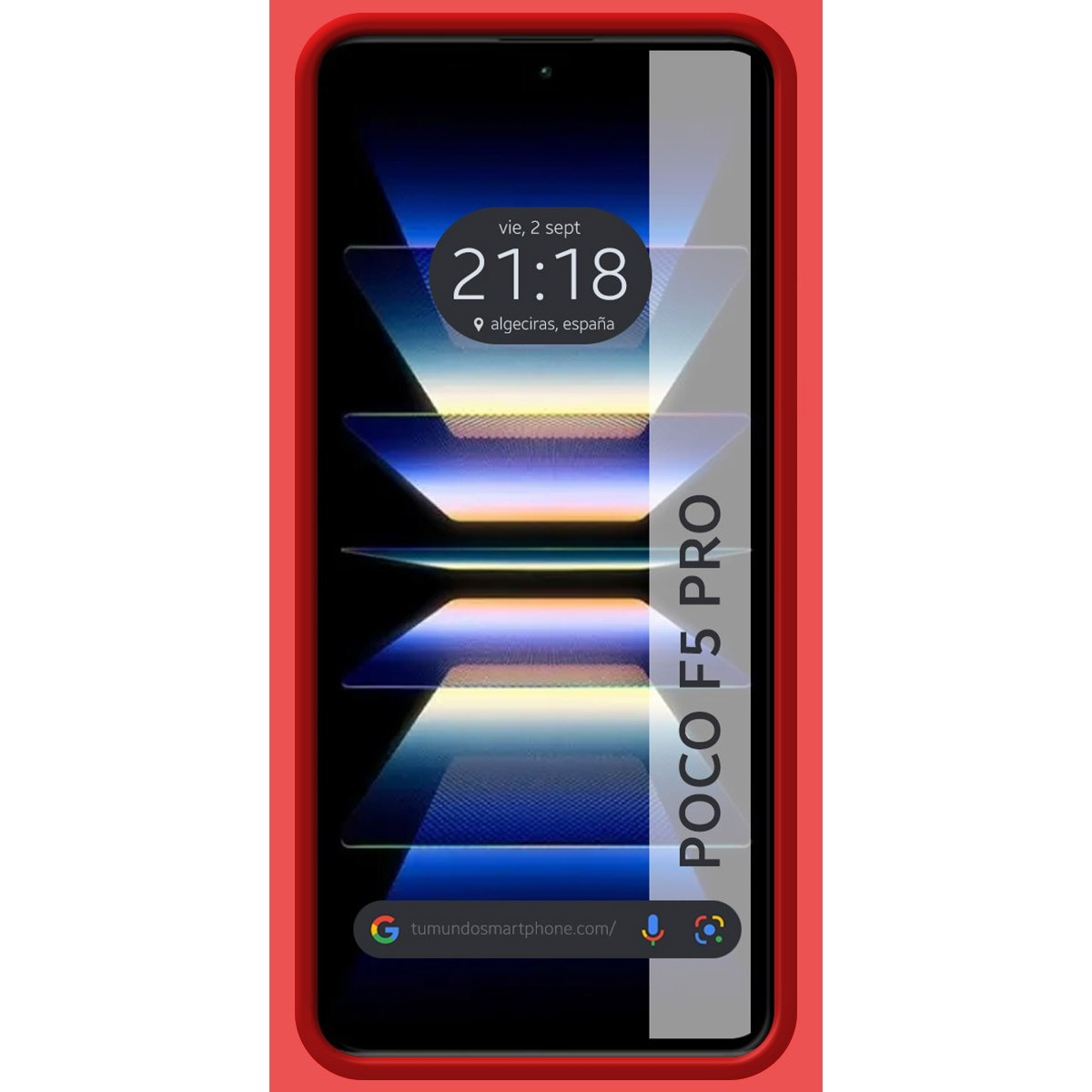 Custodia per telefono rossa con uno schermo del telefono che mostra un'interfaccia Poco F5 Pro.