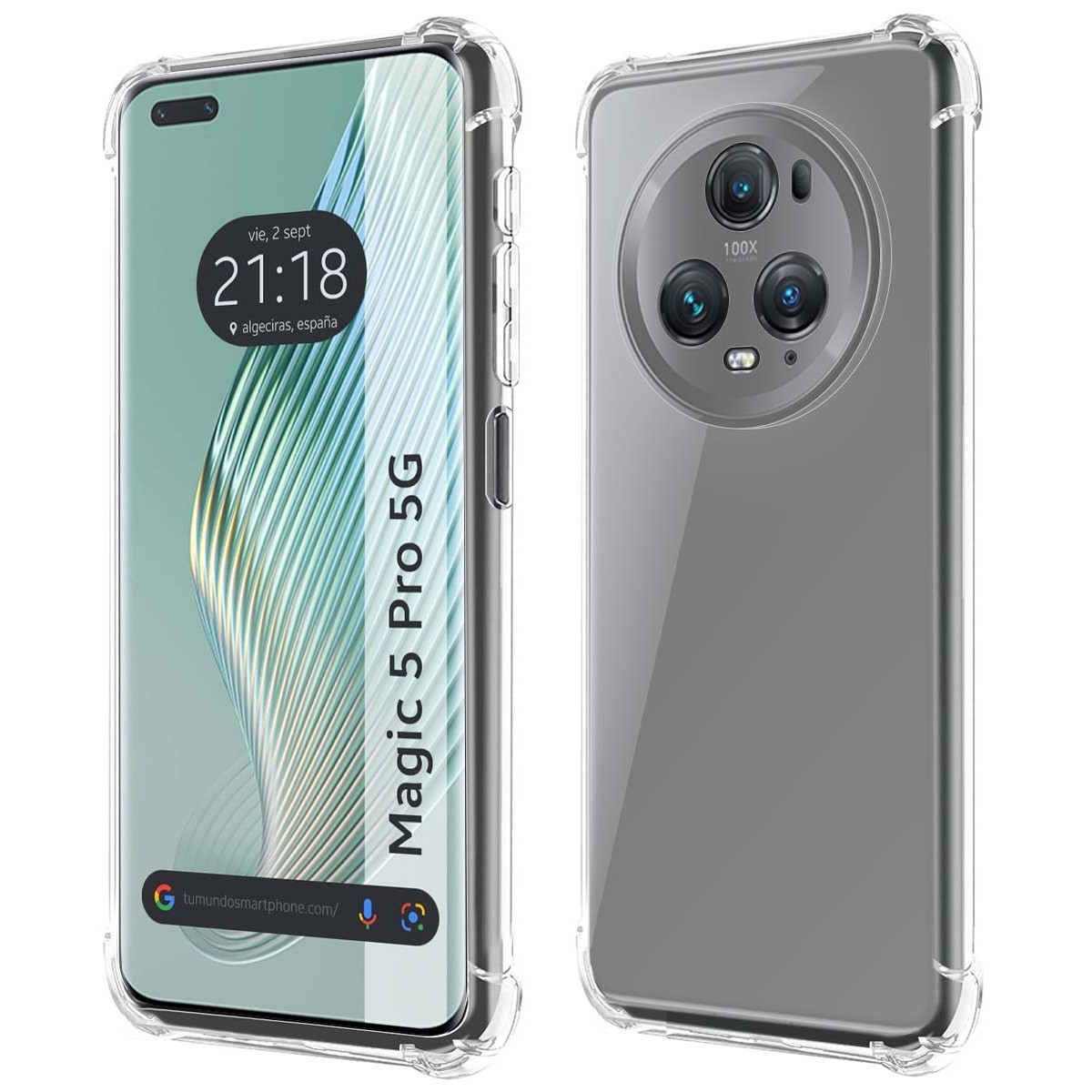 Custodia per telefono con un telefono sul lato destro. Il display mostra ora e luogo. La custodia è trasparente.