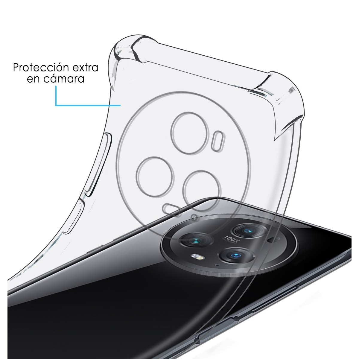 Custodia per telefono con retro trasparente e un rialzo per la fotocamera. Il telefono è nero.