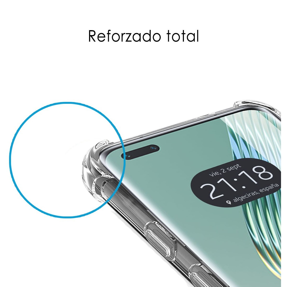 Primo piano di uno schermo del telefono che mostra ora e posizione. Testo 'Reforzado total' sopra.
