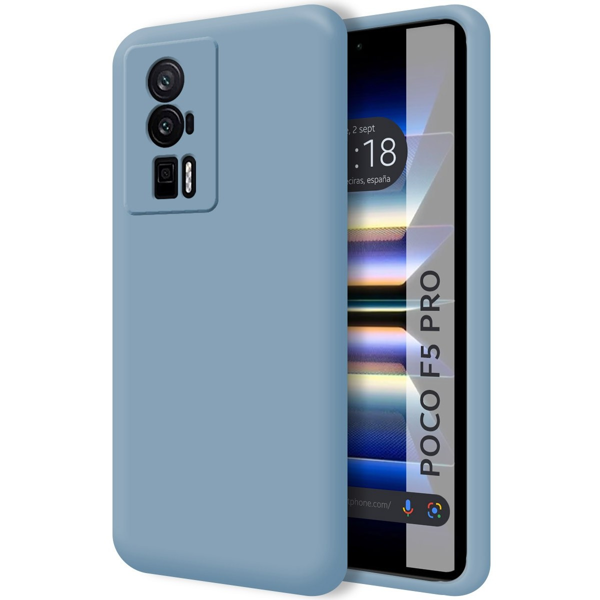 Custodia blu e un telefono. Il telefono mostra il testo 'POCO F5 PRO' sullo schermo.