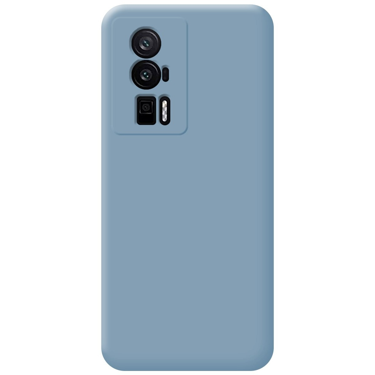 Custodia per telefono azzurro con modulo fotocamera in alto a sinistra.