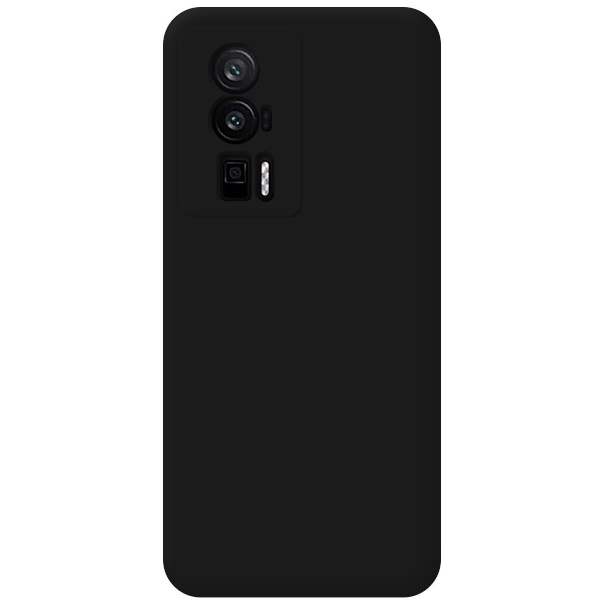 Custodia nera con fotocamera. La custodia ha un design nero semplice e uniforme.