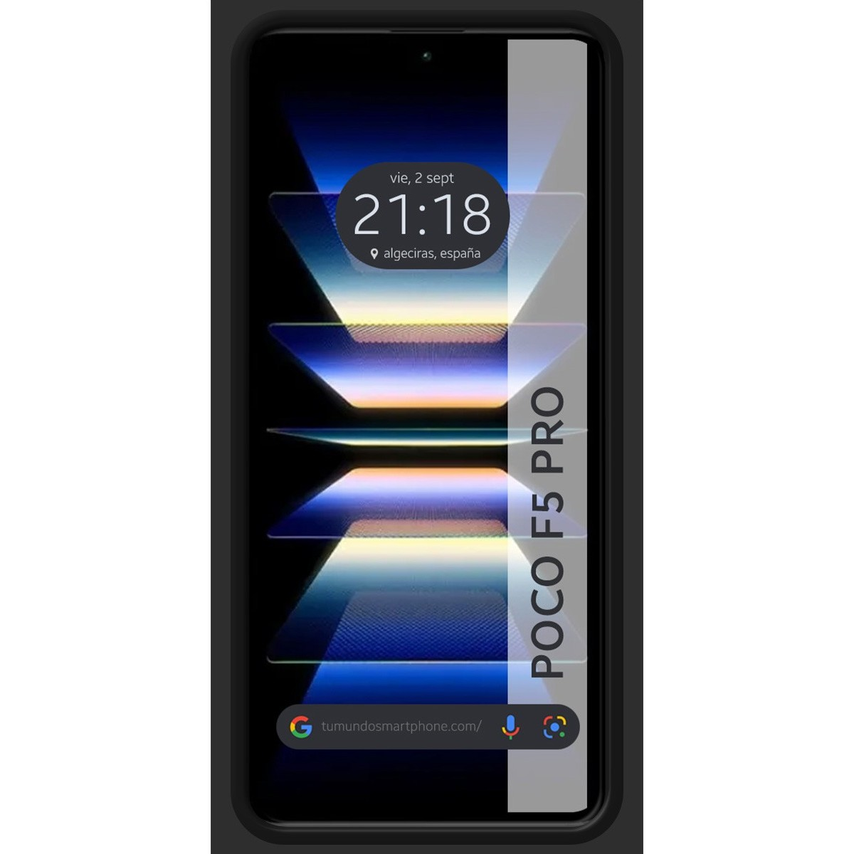Custodia per telefono con sfondo nero, che mostra lo schermo del telefono e il testo Poco F5 Pro.