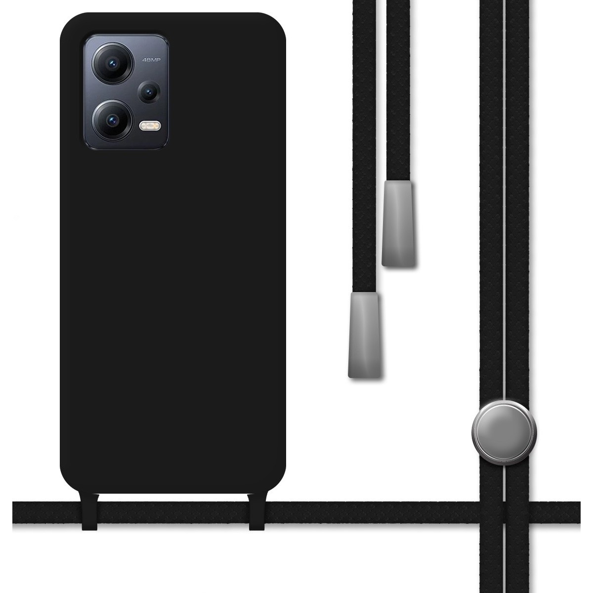Custodia per telefono nera con cordino. Il telefono ha un modulo fotocamera.