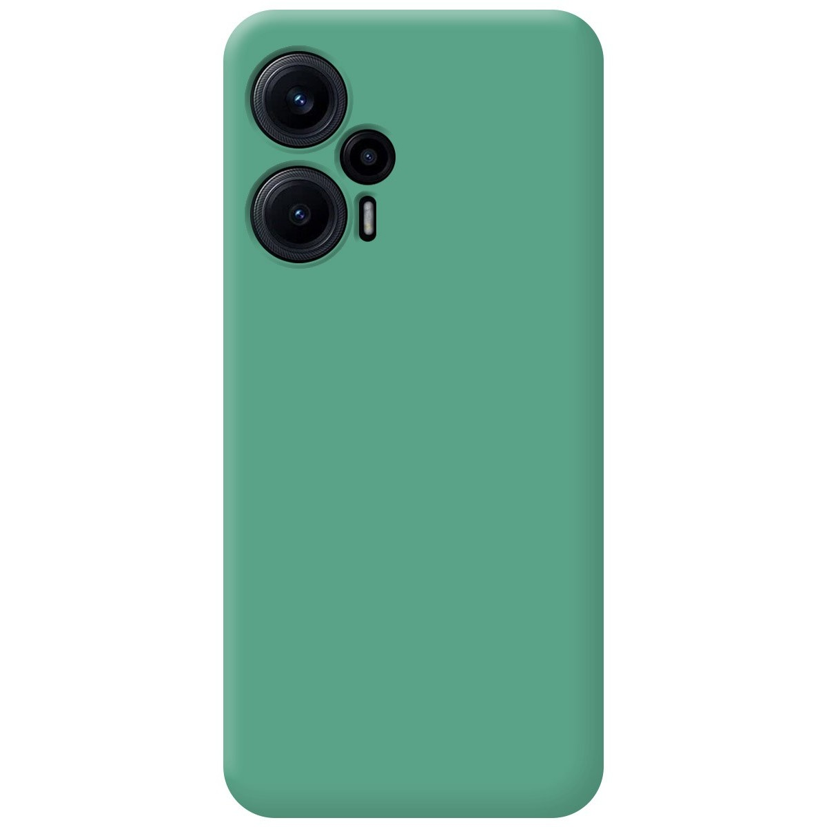 Una custodia per telefono verde tinta unita con tre obiettivi e un flash.